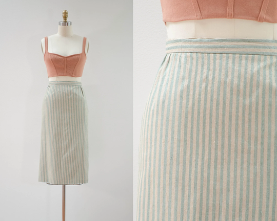 Beige Striped Skirt | 80S 90S Plus Size Vintage Raw Silk Turquoise Aqua Academia Style Pencil
