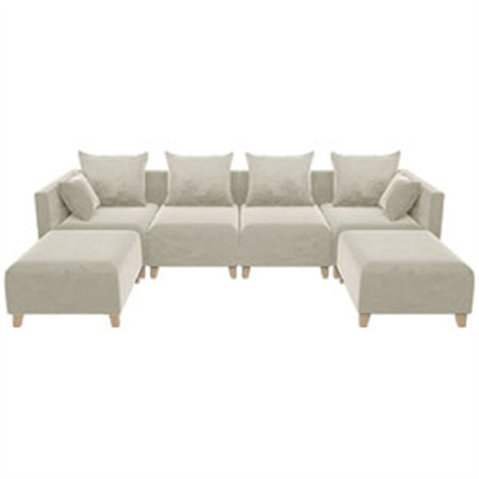 EYIW U shaped Sectional Sofa with 6 Pillows for Living Room,Velvet Sofa for bedroom, living room Beige