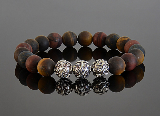 Matte Yellow & Red Mixed Tiger's Eye Sterling Silver 10mm Luxury Beaded Classic Bracelet For Men