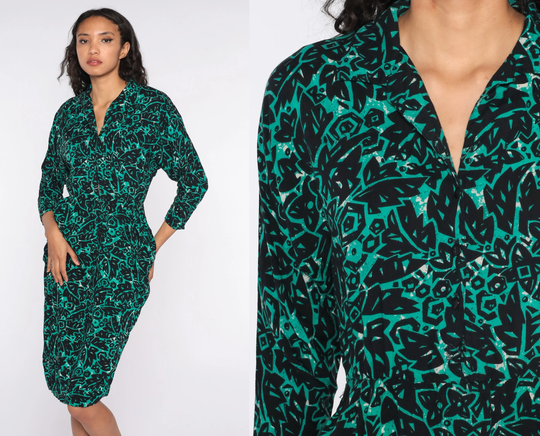 80S Tropical Dress Green Midi Wiggle Jungle Long Sleeve Pencil Button Up Vintage 1980S High Waisted Black Small
