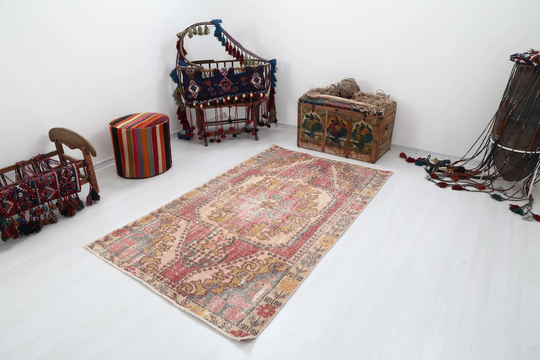4x7, Rug, Anatolian Colorful Antique Faded Muted Color 4x7 Turkish Vintage Handmade, Wool, Oushak, 976