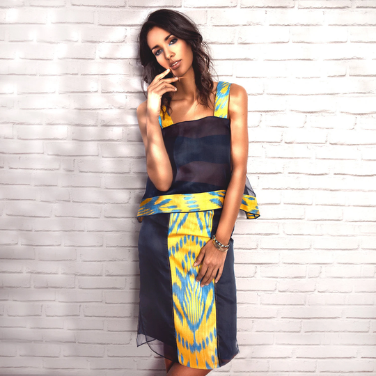 Silk Organza Two Piece Skirt Set Suit - Yellow Ikat Pencil & Top Elegant Wedding Guest Outfit Or Formal Party Dress