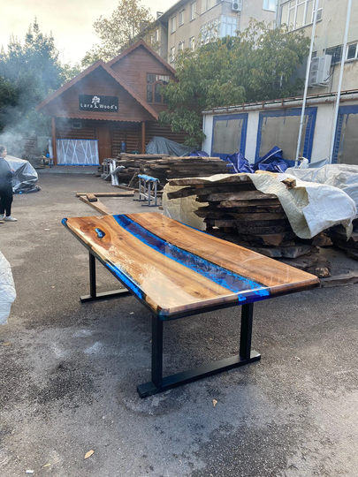 Epoxy Dining Table, Resin Custom 96" X 42" Walnut Ocean & Royal Blue, Turquoise White Waves Order For Rachele