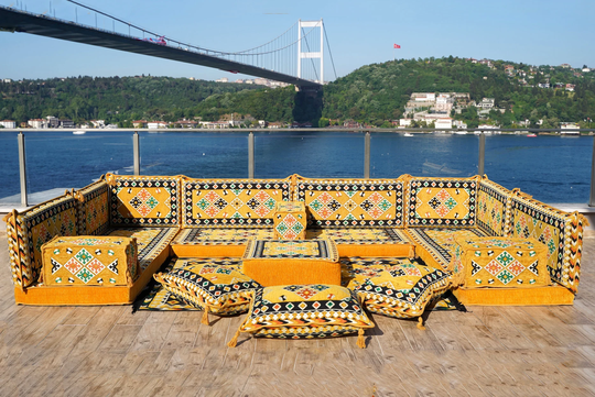Arabic Floor Sofa Couch Set, Sectional Sofa, U Shaped Seating, Ethnic Pillow Indoor Garden Reading Set