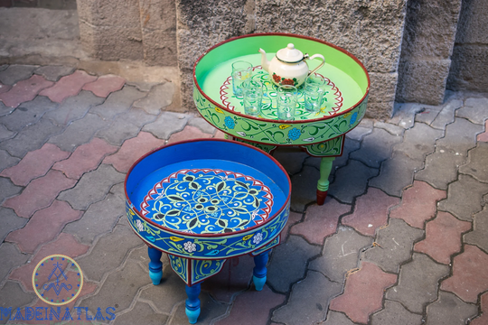 Round Wood Coffee Table, Moroccan Tea Boho Hand Painted Colorful Furniture