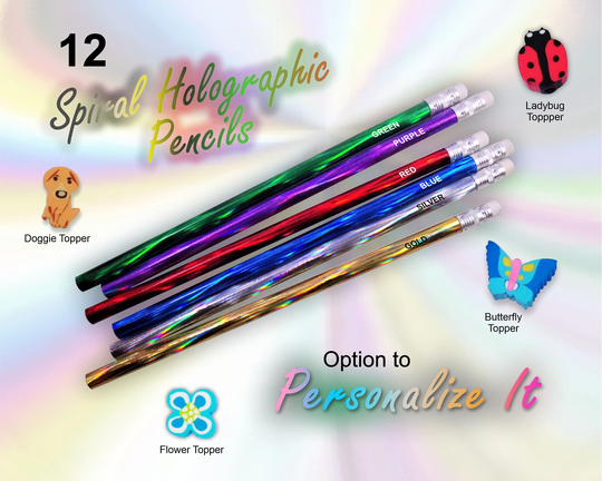 Spiral Holographic Pencils, Glitzy Personalized Set Of 12