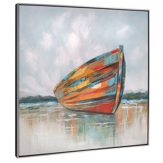 "Calm Seas"Colorful Hand Painted Boat on Canvas - Multi-color