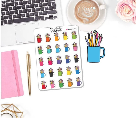 New Planner Cup With Pens & Pencils Icon Stickers - 3 Color Choices Dd-00119