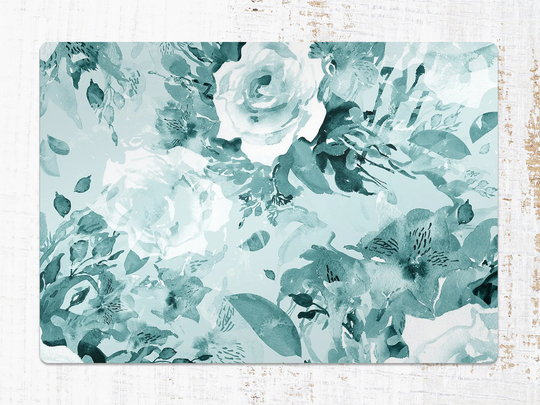 Aqua Flowers Chair Mat, Green Splat White Vinyl Floor Roses Protective Pad, Area Rug, Gift Idea, Splash Mat