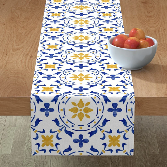 Spanish Tiles Table Runner - Azulejos Tile By Digitalarsiart Vintage Geo Summer Cotton Sateen Spoonflower