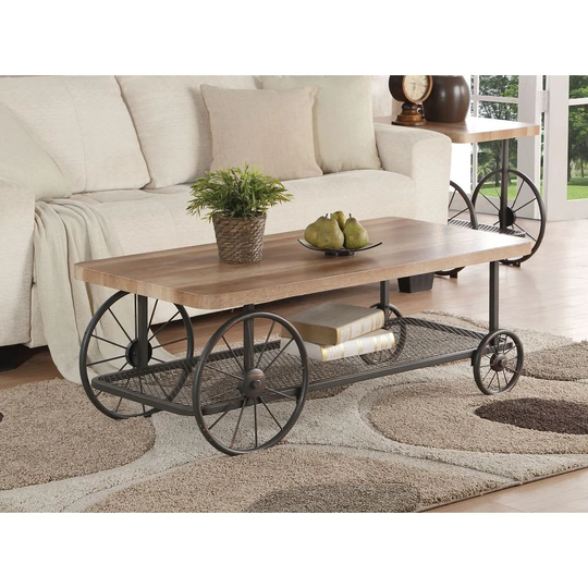 Coffee Table in Oak & Antique Gray Rectangular Table Open Storage Bottom Shelf Industrial Wheel Top Metal Antique Finish