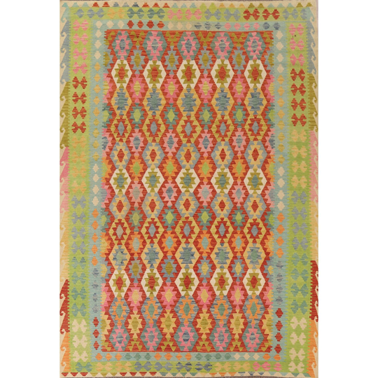 Multi-Color Geometric Reversible Kilim Area Rug Flat-weave Wool Carpet - 8'8"x 11'4"