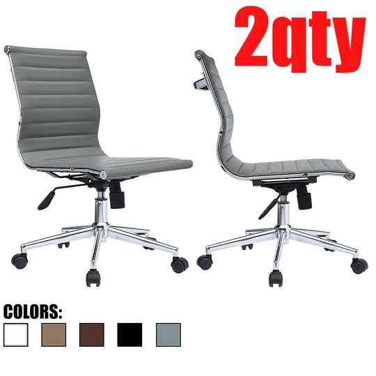 Set of 2 Gray Swivel Adjustable Height PU Leather Office Chair Mid-Back Armless No Arms Side Ribbed Executive Ergonomic