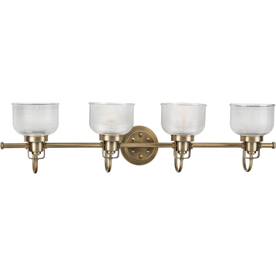 Archie Collection 4-Light Vintage Brass Clear Double Prismatic Glass Coastal Bath Vanity Light