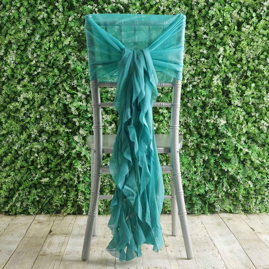 Turquoise Premium Curly Chiffon Chair Cover Cap With Sashes