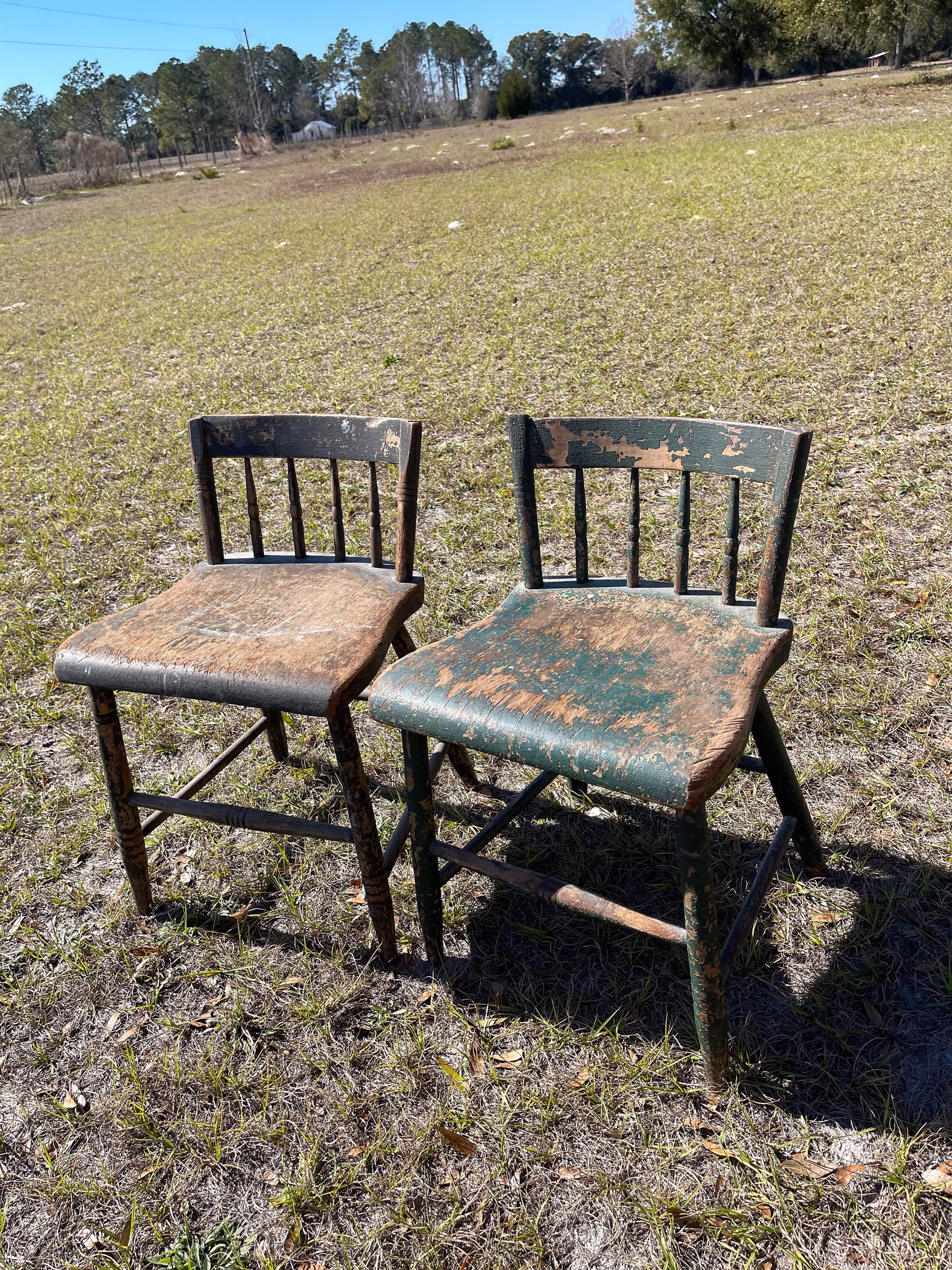 Antique Short Back Chairs, Primitive Chairs, Pair Of Wood Half Chair, Farmhouse Decor, Chippy Paint, Dining Chair, Ooak
