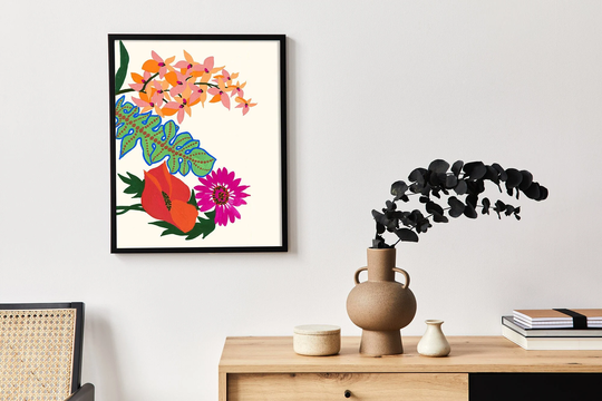 Colorful Floral Wall Art, Bright Colors Uplifting Fun Modern Decor, Vintage Fashion Textile Pattern, Cut-Outs Flower Print With Poppy