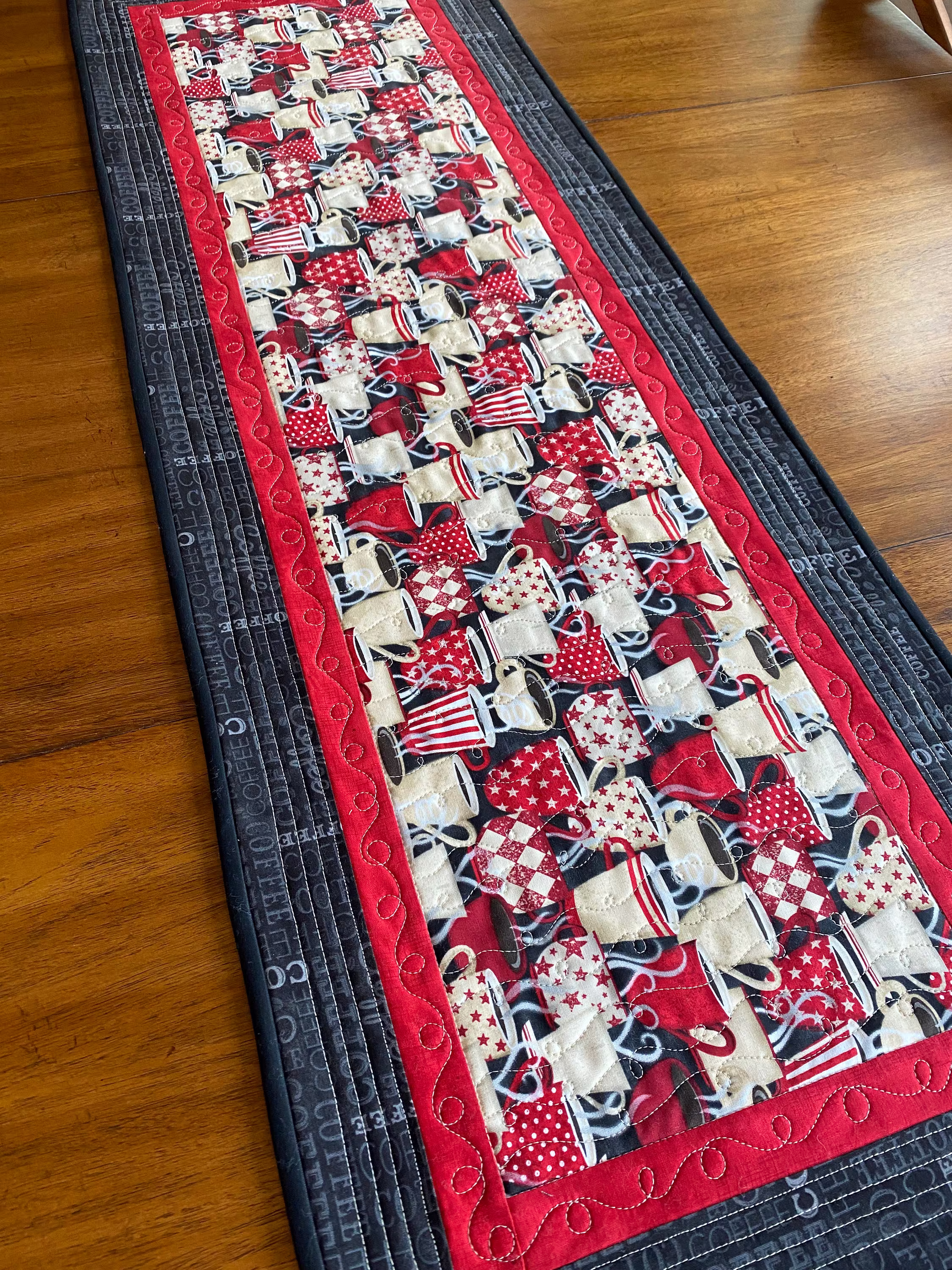 Quilted Table Runner - Coffee Cups Galore in Red, Black, Cream
