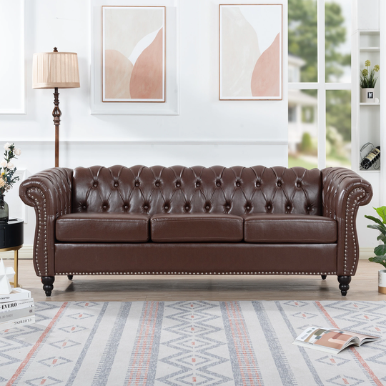 Chesterfield Sofa Couch, Upholstered PU Sofa with Tufted Back,3 Seater Leather Couch with Roll Arm for Living Room Office