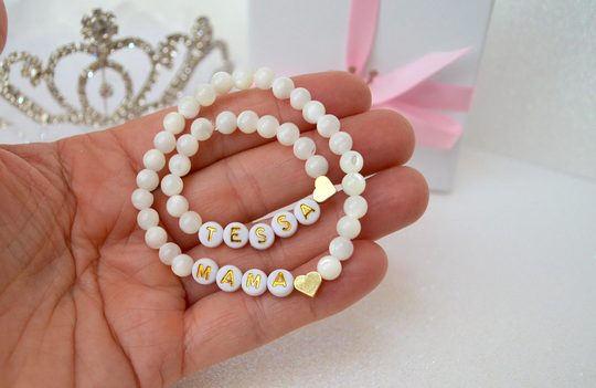 Mother Of Pearl Daughter Bracelet, 18K Gold Heart Mama Baby Shower Gift, Personalized Mom Gift For Girl
