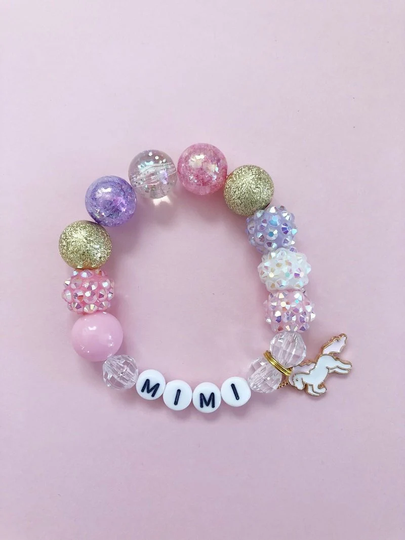 Unicorn Kids Charm Bracelet, Toddler Personalized, Custom Name, Children's, Chunky Beads, Jewelry, For Girls