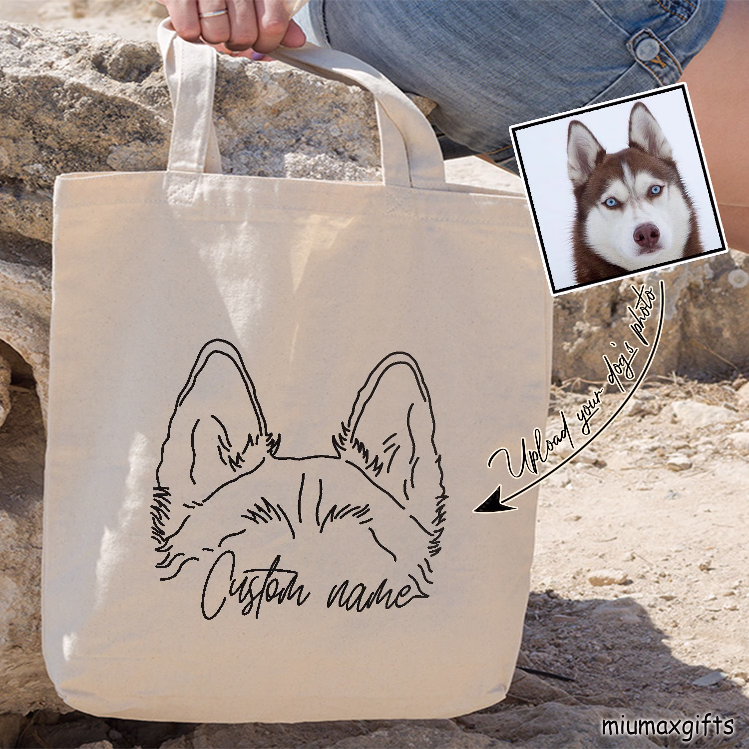 Custom Dog Ears Outline Tote Bag, Siberian Husky Line Art Drawing Minimalist Bag