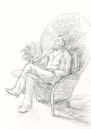 Vintage Original 1980S Small A4 Pencil Drawing Of A Man in Cane Chair By Illustrator Salim Patel