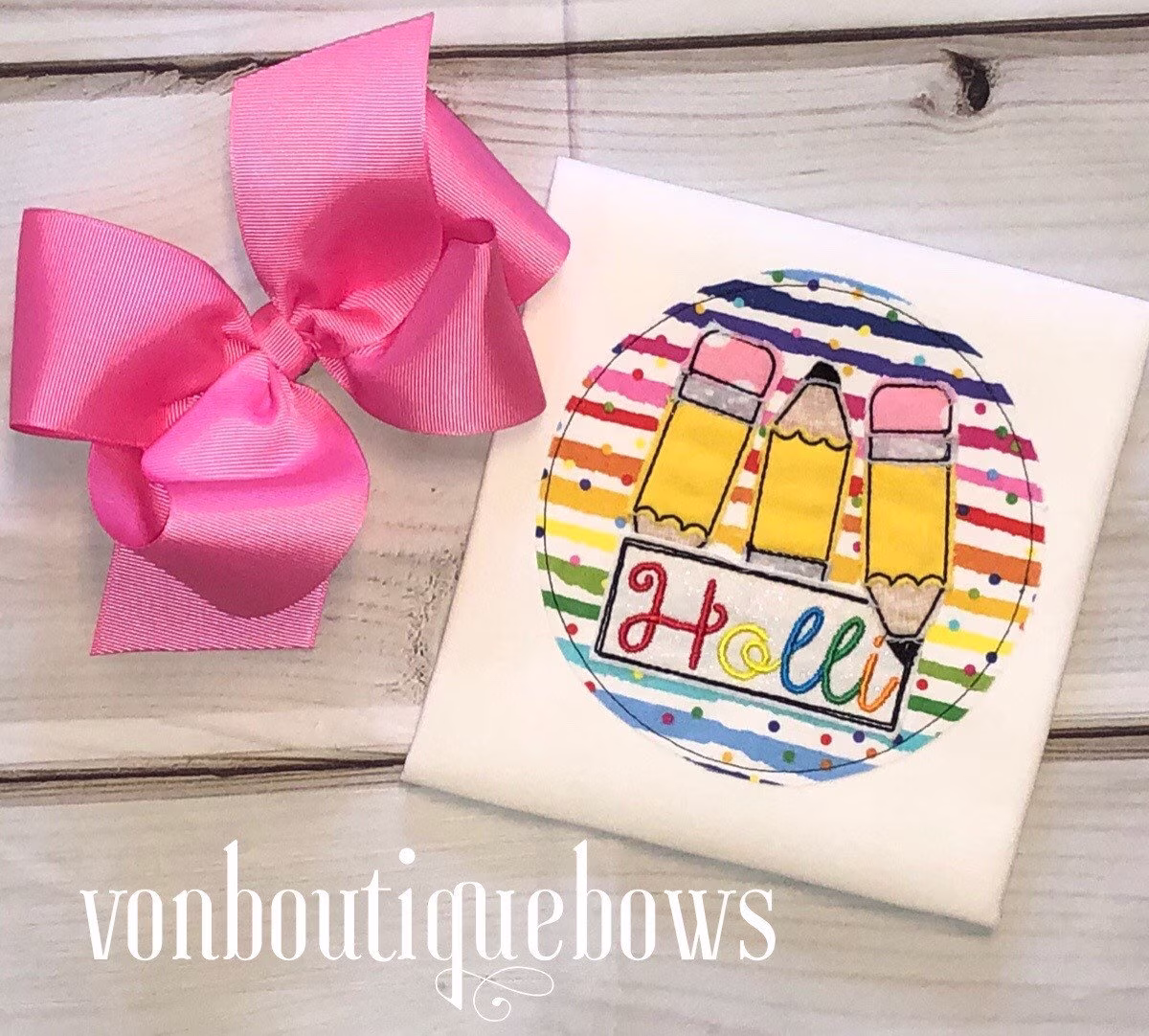 Pencil Back To School First Day Of Boutique Bow Monogram Personalized Preschool Kindergarten Pink Yellow Purple Applique 1st Grade