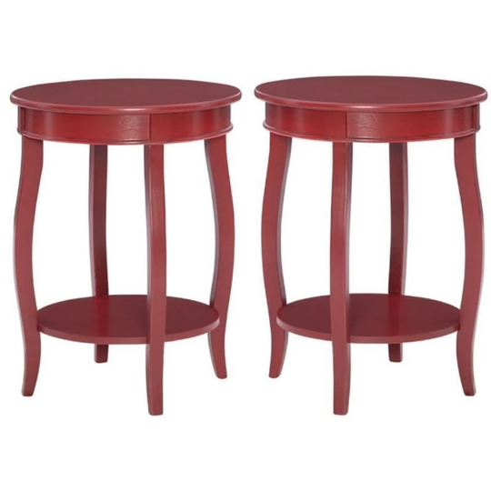 Round Wood End Table with Shelf in Red - Set of 2 - 54 x 84
