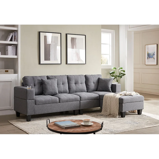 Selctional Sofa L Shape Chaise Linen 3 Seat Corner Sofa Couch with Ottoman