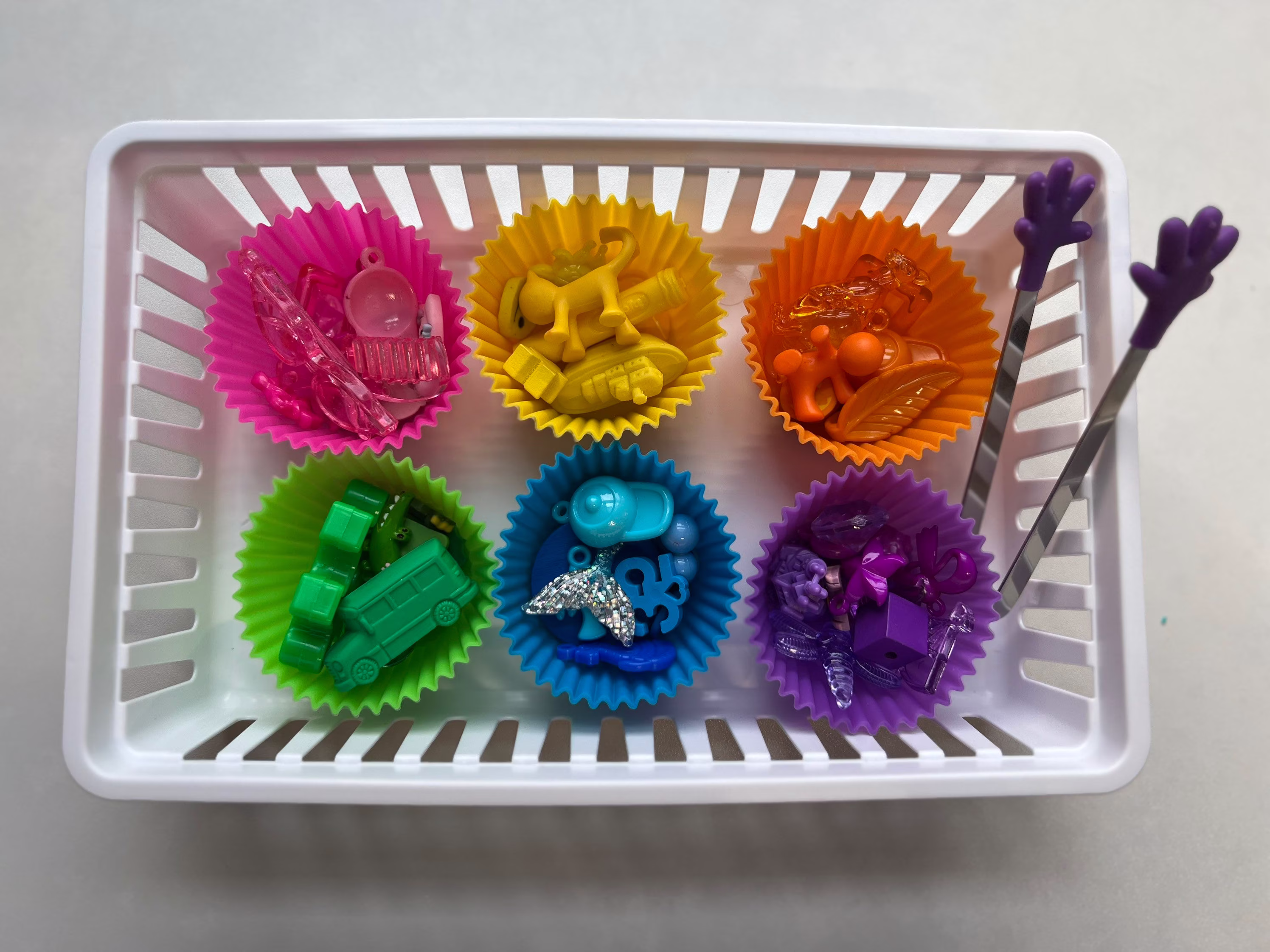Color Sorting - Matching-Mini Objects With Tray Tongs-Sorting Cups-Rainbow Trinkets-Mini By Color-Sorting Game-Speech Therapy