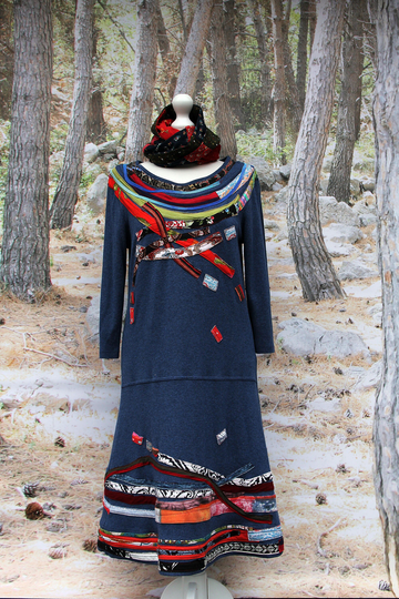 M-M/L Colorful Art Appliqued Blue Cotton Dress Recycled Hippie Boho