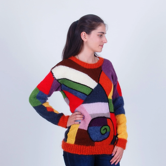Color Block Mohair Sweater, Hand Knit Colorful Jumper, Patchwork Asymmetrical Abstract Multicolor Winter Artistic Pullover