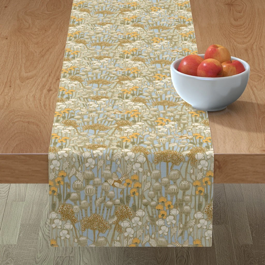 California Poppy Table Runner - Field By Illaberek Sage Green Pastel Poppies Earth Tone Cotton Sateen Spoonflower