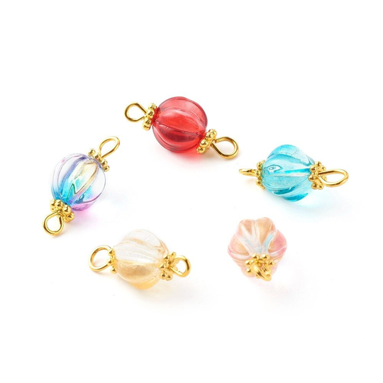 20Pcs Mixed Color Pumpkin Shape Glass Link Connectors With Brass Findings, 18x8.5mm C22-033