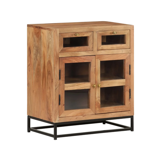 Farmhouse Sideboard Display Solid Wood Iron Glass Storage Cabinet