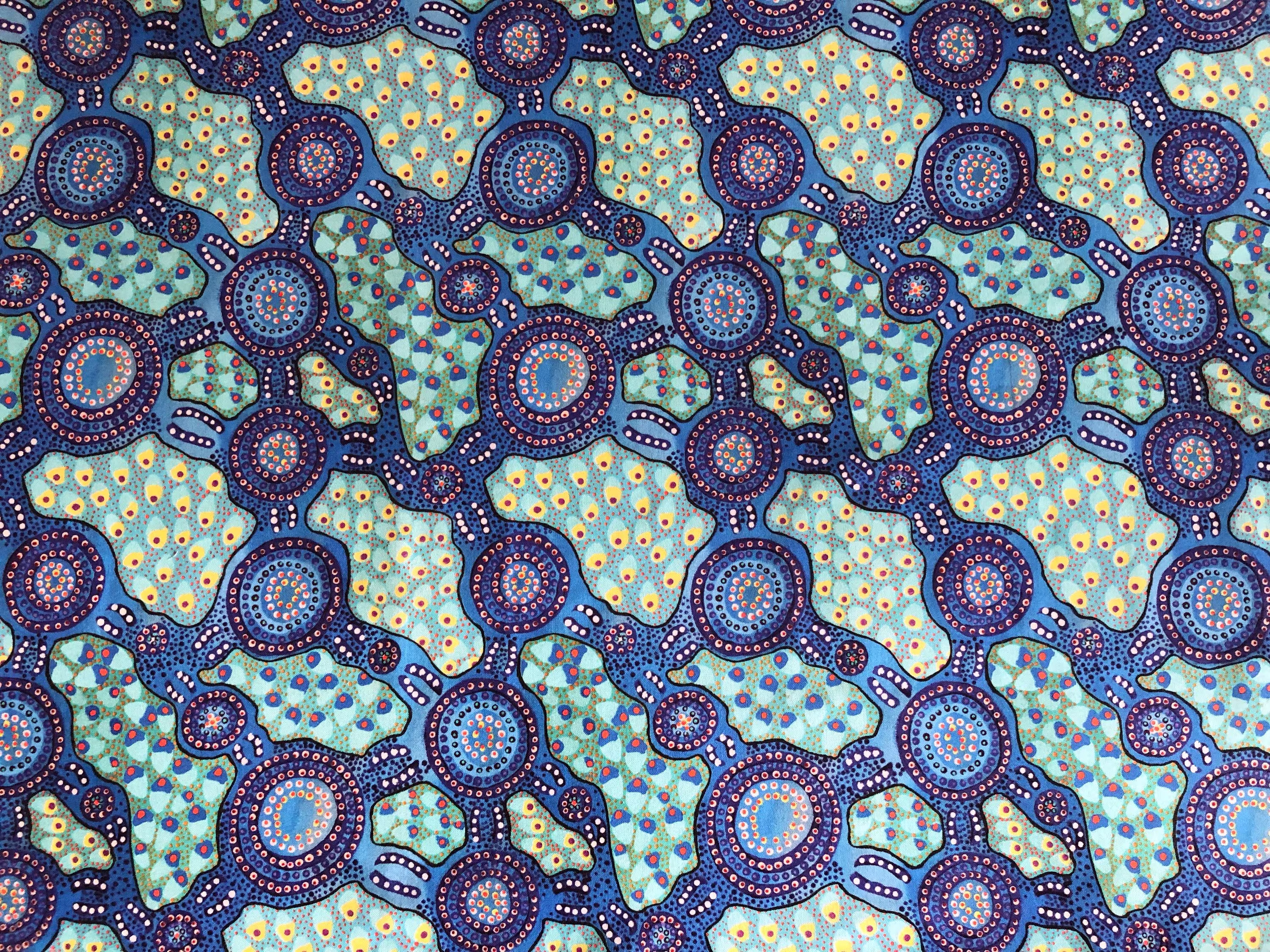 Aboriginal Art Warlu Water Dreaming Blue Green Abstract Quilting Cotton Fabric By 1/4 Or 1/2 Yard Fat Quarter, Australian Indigenous