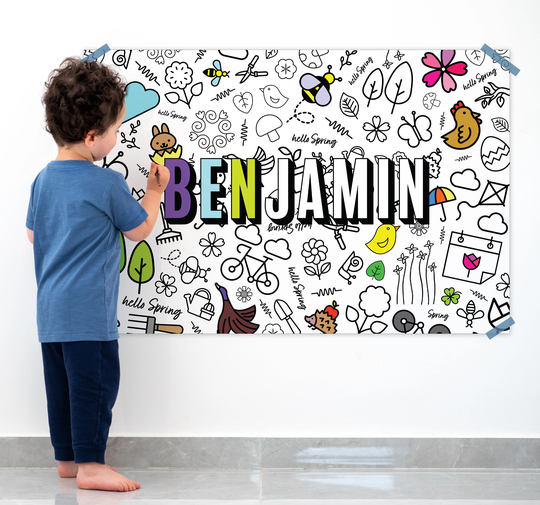 Personalized Coloring Poster For Kids, Banner, 4 Seasons Poster, Large With Name, Spring
