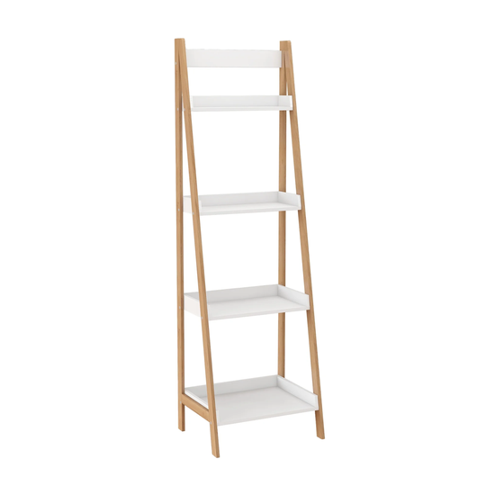 4 Tier Bookshelf with Ladder Style and Raised Edges, White and Brown