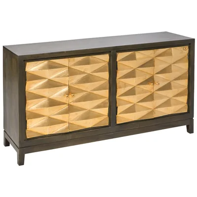 70 Inch Gold Geometric Pattern 4 Brass Doors Wood Base Accent Cabinet Greece
