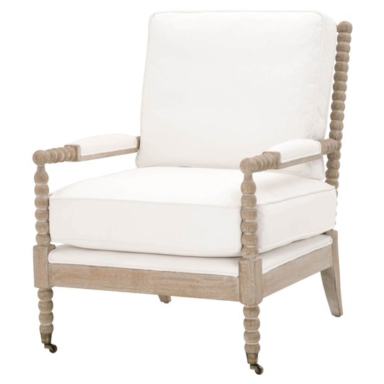 Spool Design Wooden Club Chair with Box Cushions, Brown and White