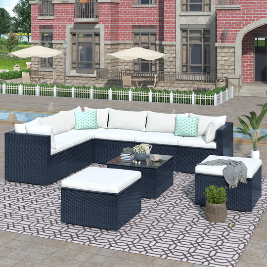 9-Piece Outdoor Patio PE Wicker Rattan Conversation Sectional Sofa Sets with Ottomans and Coffee Table, Removable Soft Cushions