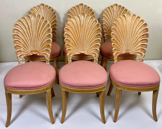 1970's 6-Set Venetian Grotto Style Carved Shell Back Chairs