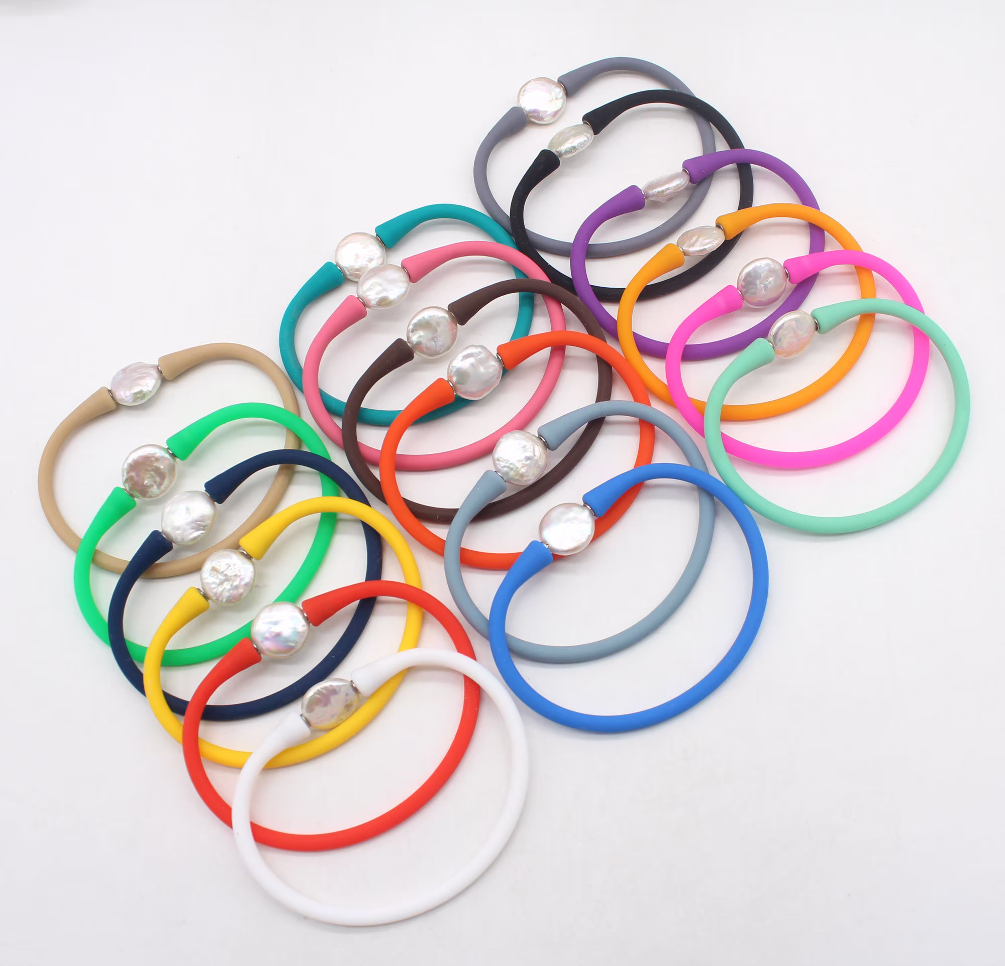Wholesale 39 Colors Coin Pearl Waterproof Bracelets, Pearl& Silicone Rubber Stretch Bracelet, Natural Freshwater Pearls, Sport Gift-W027
