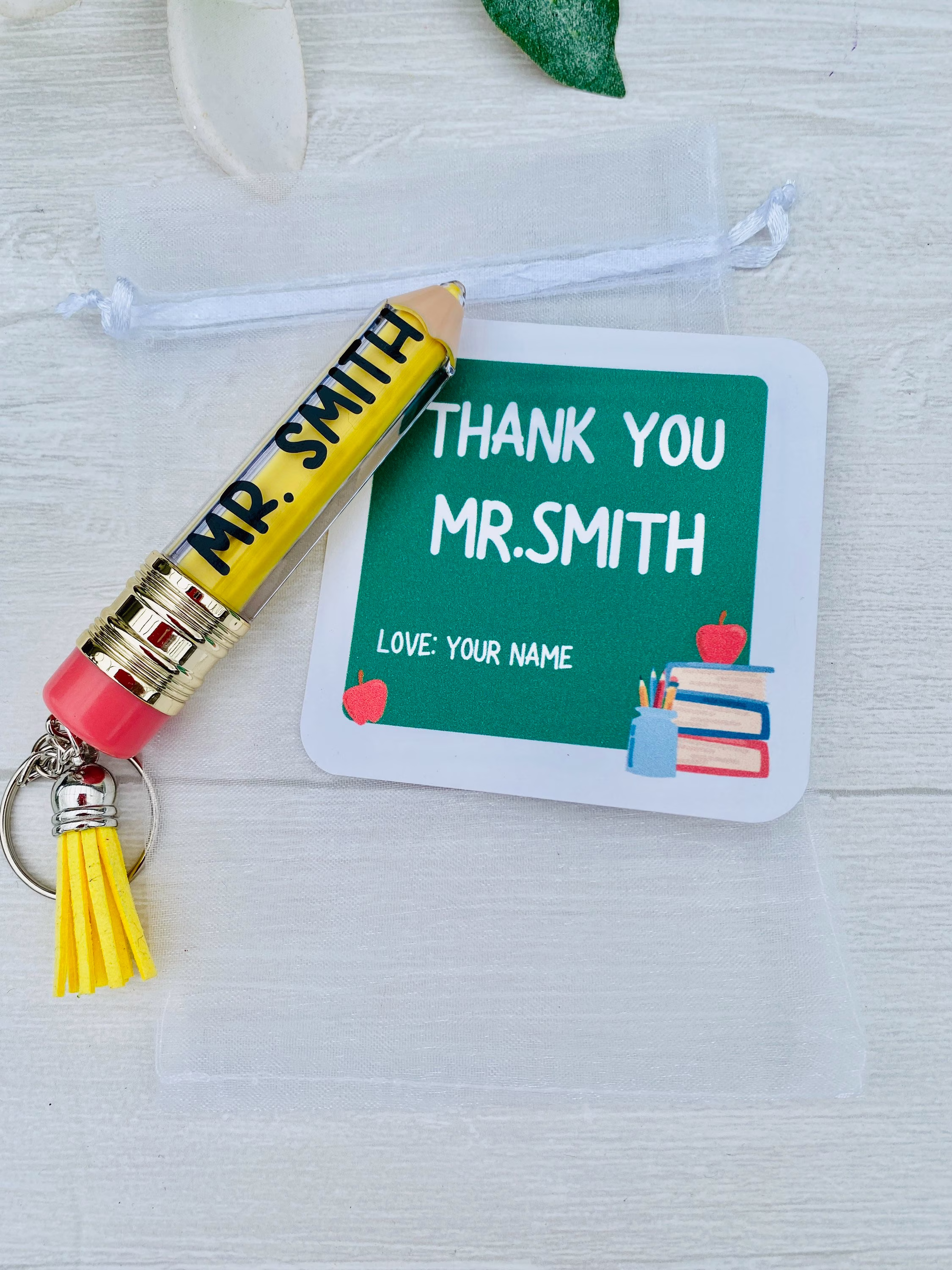 Personalized Glitter Acrylic Pencil Keychain, End Of Year Teacher Gift, Teacher Appreciation Gift With Thank You Card, Back To School