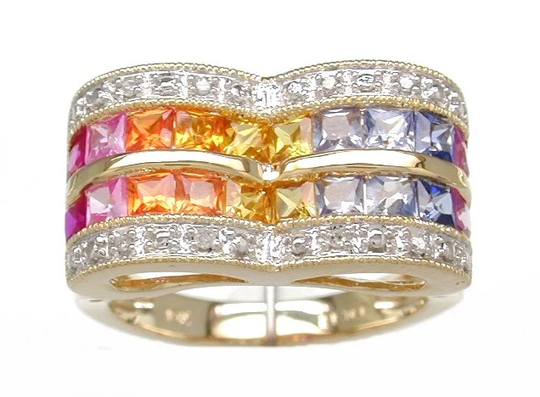 Beautiful 10Kt Gold Multi Color Created Sapphire Ring 8 Diamonds 20 Princess Cut Stones Yellow
