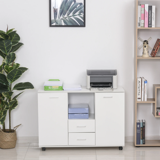 Vinsetto Multifunction Office Filing Cabinet Printer Stand with 2 Drawers, 2 Shelves, Smooth Counter Surface, White