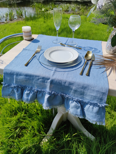 Linen Table Runner With Fringe, Dusty Blue Tablecloth, Custom Color Washed Soft Linen Cloth