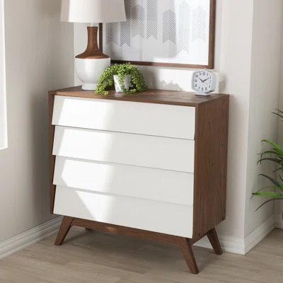 Blinda Mid-Century Modern White And Walnut Wood 4-Drawer Storage Chest