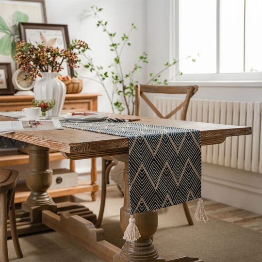 Navy Chevron Table Runner Boho Cloth Geometric Cotton Fringed Runners Cabinet Round/Rectangle Placemats